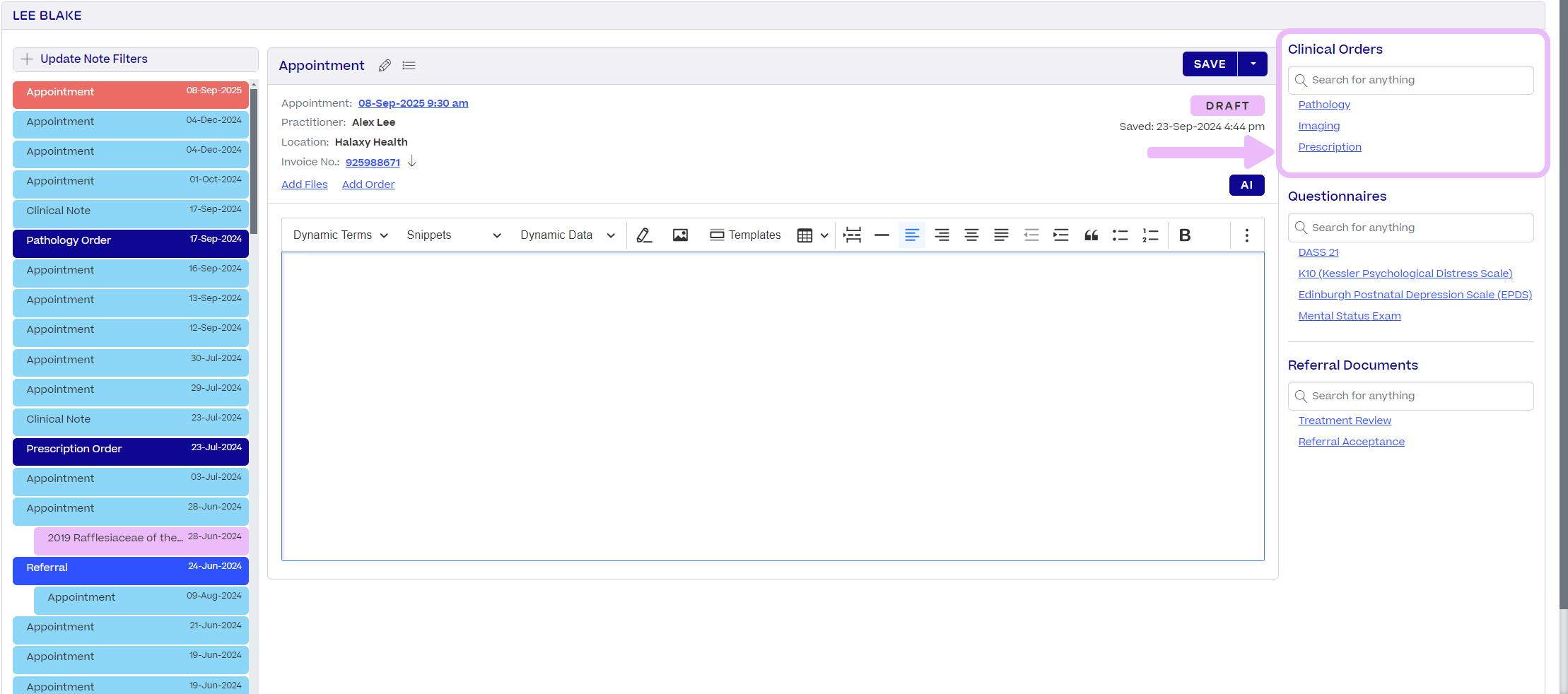 A "favourites" list of clinical templates is displayed to the right of a clinical note