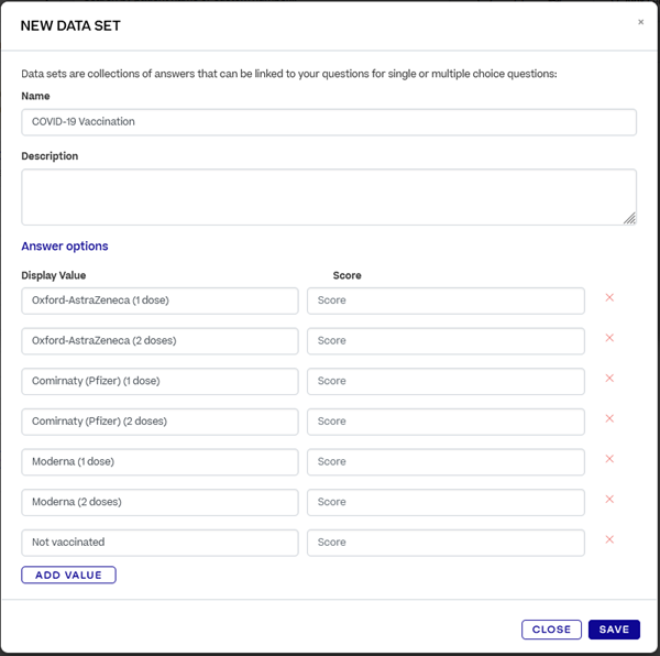 A data set with the Answer Options being a list of vaccines and number of doses. No score is added.