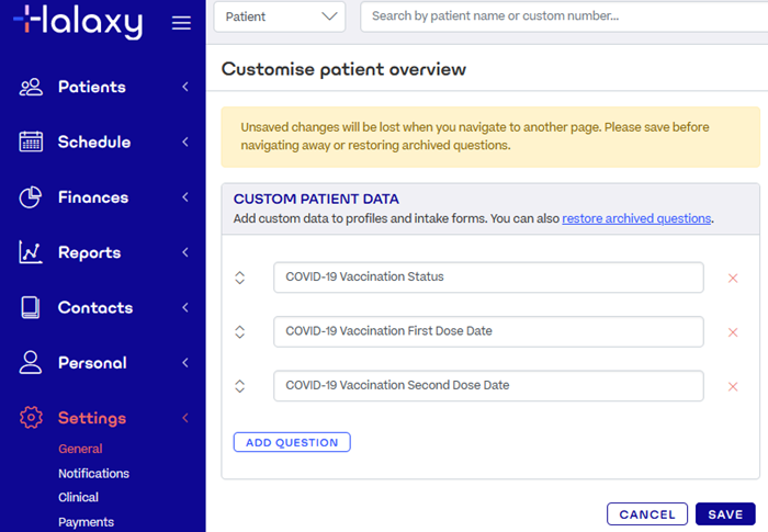 The screen to customise patient profiles, with COVID-19 information added as questions