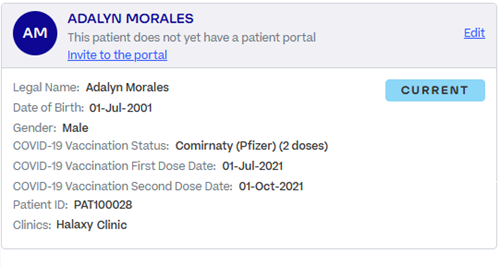 A patient profile with custom fields for COVID-19 vaccine and dates of first and second dose