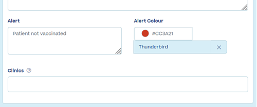 A sample alert on a patient profile, with the Alert field text saying "Patient not vaccinated"