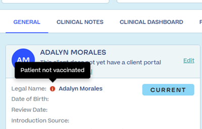 A patient alert with text "Patient not vaccinated"