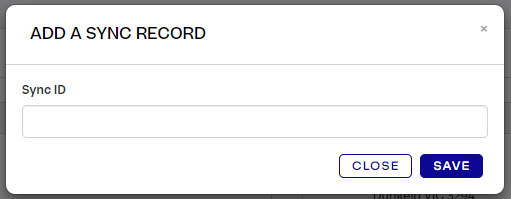 A pop-up titled "Add a Sync Record", with a field to enter a Sync ID
