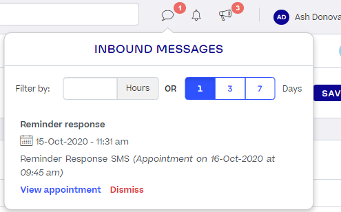 The Inbound Messages icon is clicked, showing a reminder response