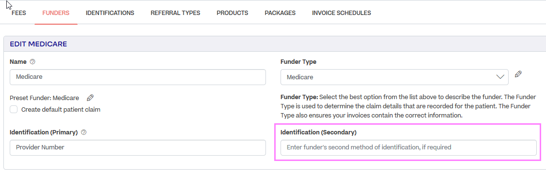 In the Edit Funder page for Medicare, the field "Identification (Secondary)" is highlighted