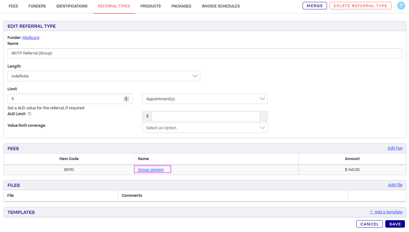 The Edit Referral Type page. The name of the fee "Group session" is highlighted.