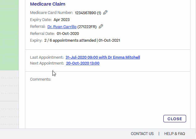 User hovers cursor over the Expiry field, displaying a new panel that shows previous appointments in the year