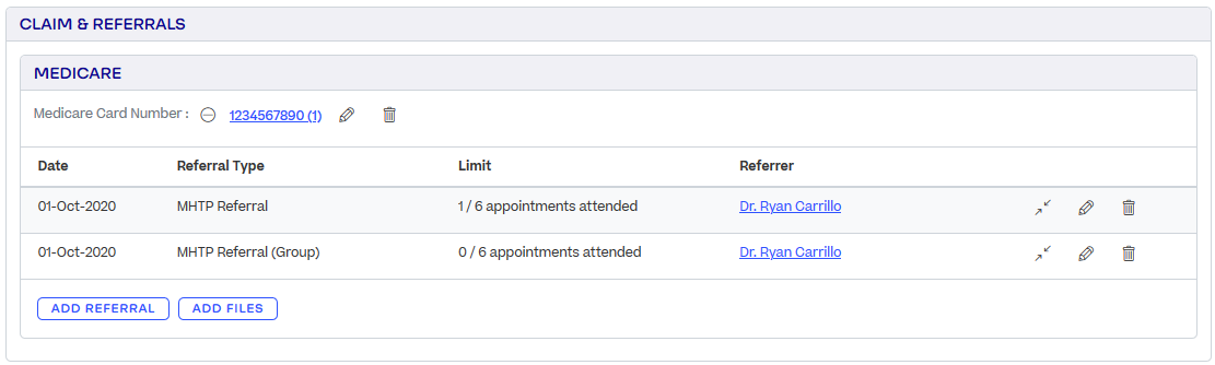 A patient has two MHTP referrals under a Medicare claim, one labelled "Group"
