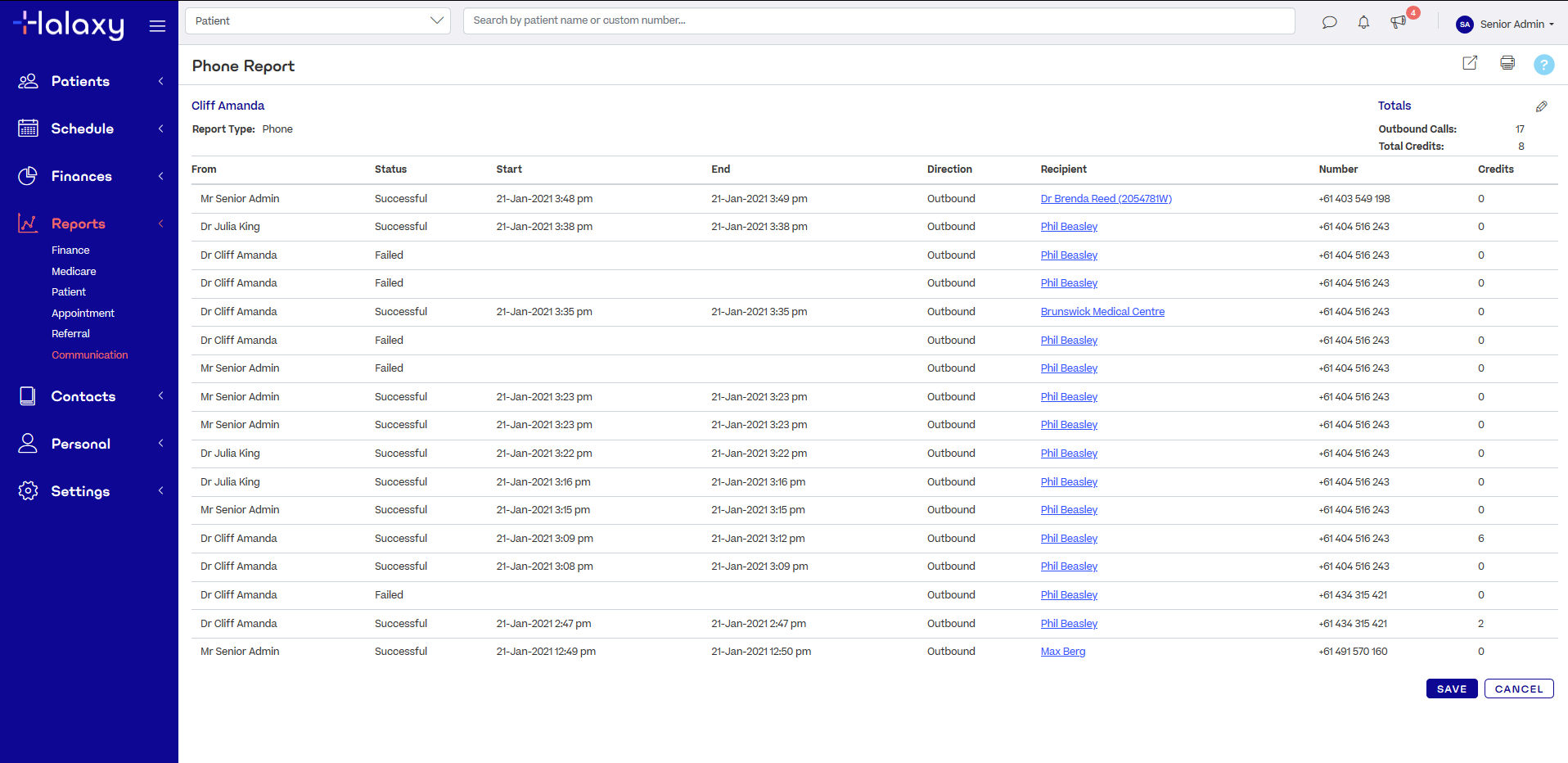 A phone communication report, with a list of phone calls displayed.
