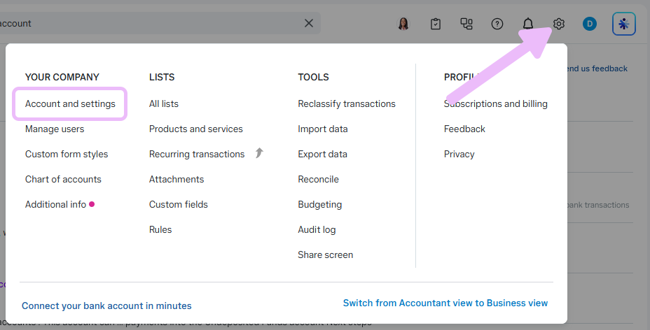 The Settings Cogwheel in QuickBooks is highlighted, along with "Account and settings"