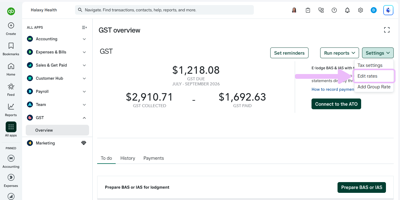 The Edit Tax selector is highlighted, along with the option "Edit rates"
