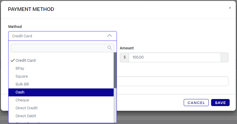 A pop-up titled Payment Method. The Method drop-down menu is selected, showing different methods.