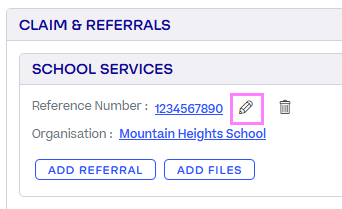 Under Claims & Referrals, the Edit icon is highlighted for a funder named School Services.