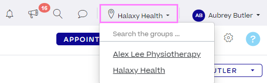 The group selector is highlighted in the Halaxy control bar, with groups shown to switch between