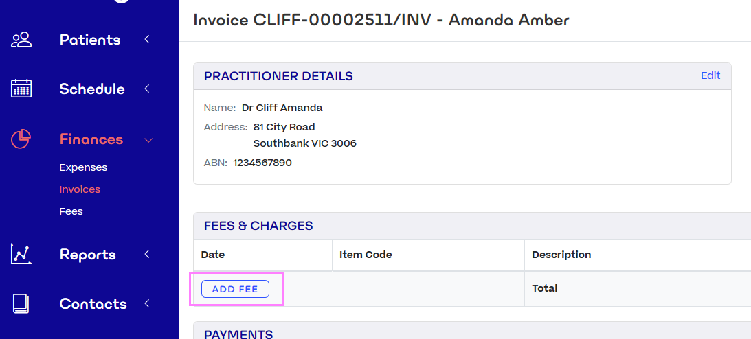 A Halaxy invoice. In the Fees & Charges section, the Add Fee button is highlighted,