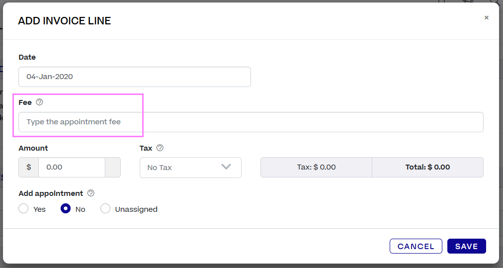 A pop-up titled Add Invoice Line. The Fee lookup field is highlighted.