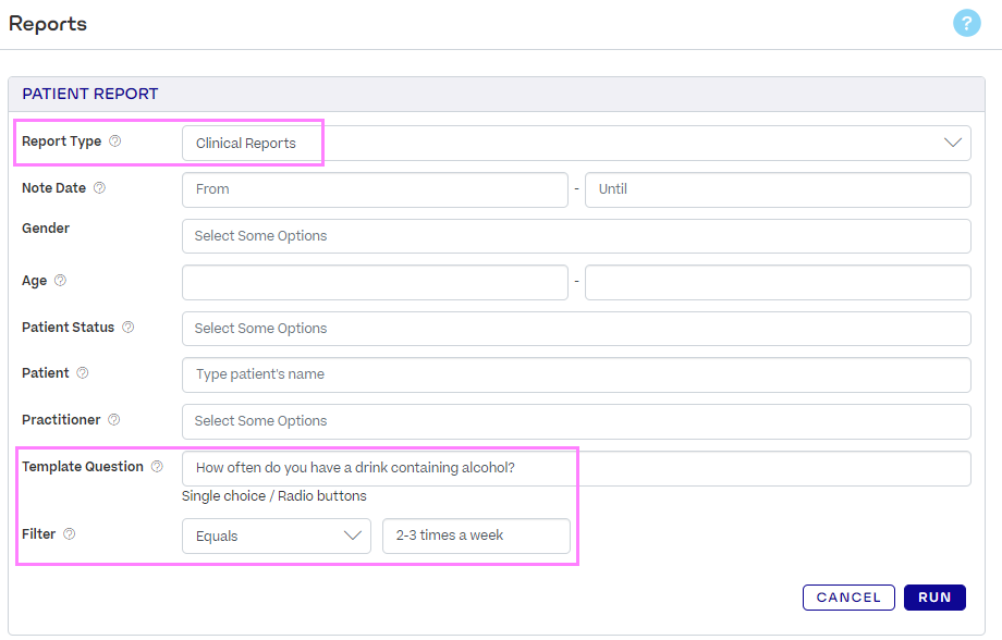 Report Type is Clinical Reports. The Template Question field is set to a custom question.
