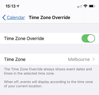 An iPhone's calendar settings. The Time Zone Override option is enabled.