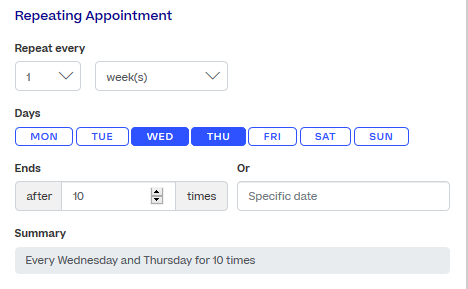 The Appointment Information panel, with a section for repeating appointments and when to repeat