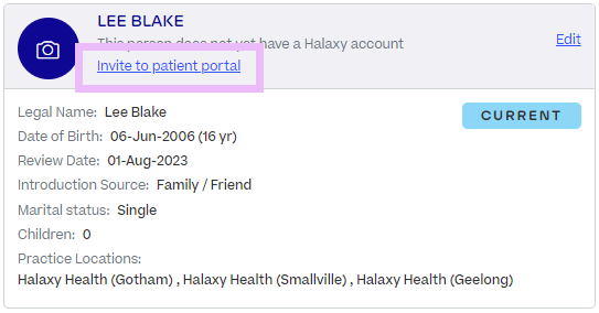 A patient profile. A link labelled "Invite to the portal" is highlighted beneath the patient name.