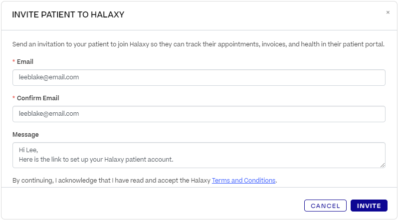 A pop-up titled "Invite your patient to Halaxy" with a field to add a message.