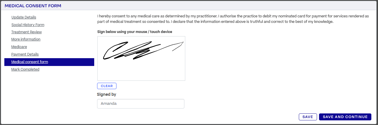 A patient intake form with a signature box. The patient has drawn their signature using touch.