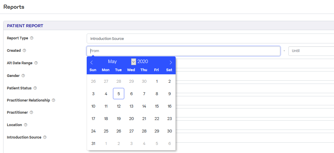 The patient report screen. The Report Type is set to Introduction Source. A date range is set.