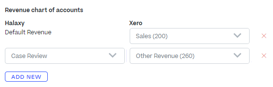 Halaxy fee categories are on one column; Xero charts of accounts are on the other.
