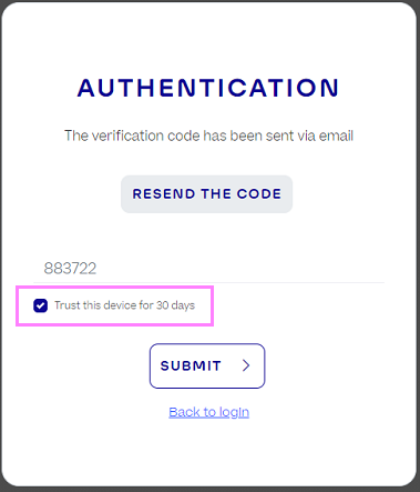 When entering a 2FA code, the checkbox "Trust this device for 30 days" is ticked and highlighted