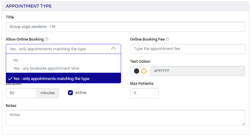 An appointment type. "Allow Online Booking" is set to "Yes - only appointments matching the type"
