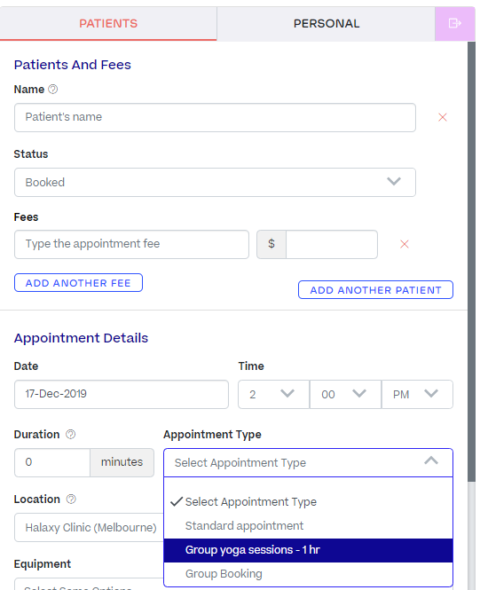 In the Appointment Information panel, the Appointment Type drop-down menu is selected