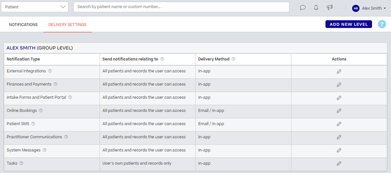 The Notification and Inbound Message Settings page, Delivery Settings tab