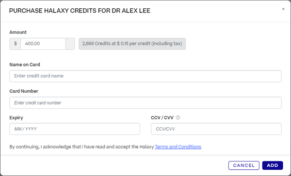 A pop-up titled Purchase Halaxy Credits, with fields to enter card details