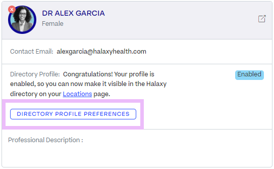 On a practitioner's profile, the Directory Profile Preferences button is highlighted