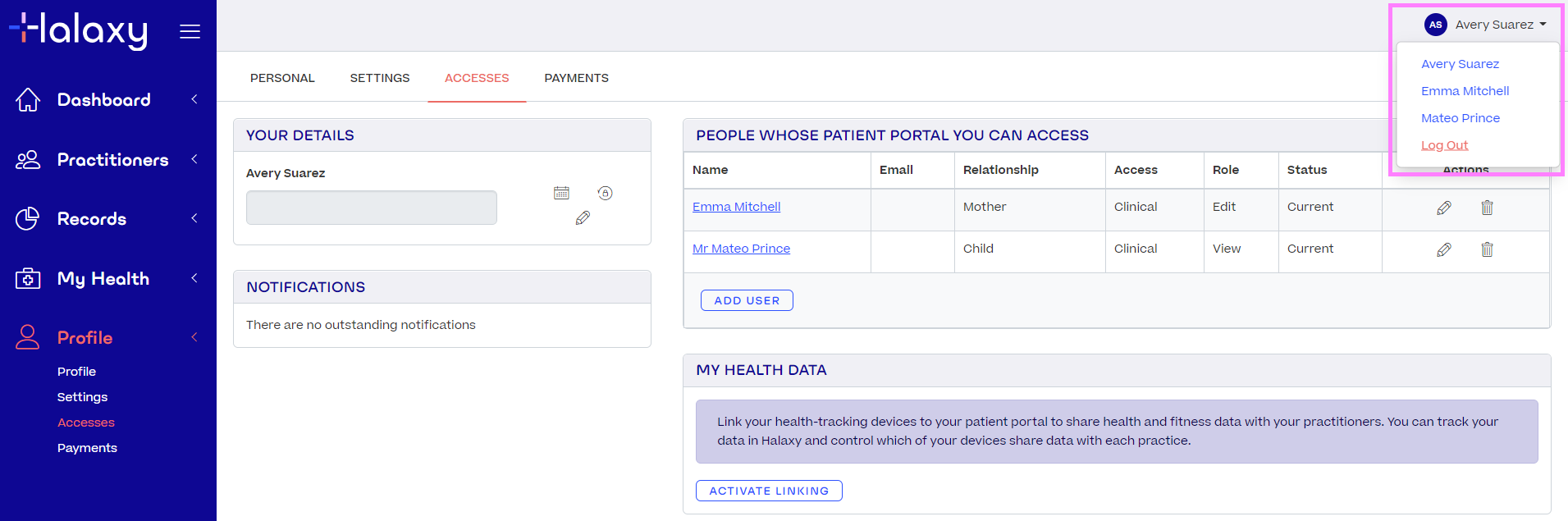 The patient portal screen. A selector to choose users you have access to is highlighted.