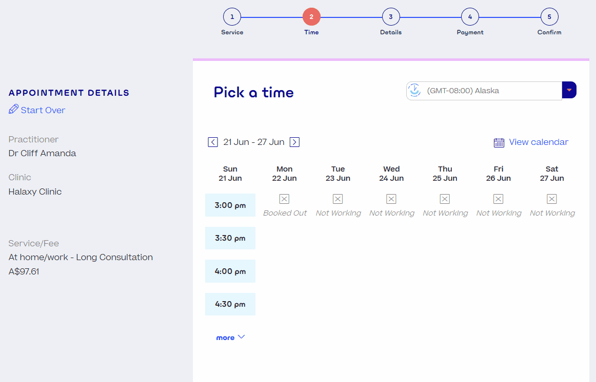 On the bookings page, the user changes time zone. The time slots change accordingly.