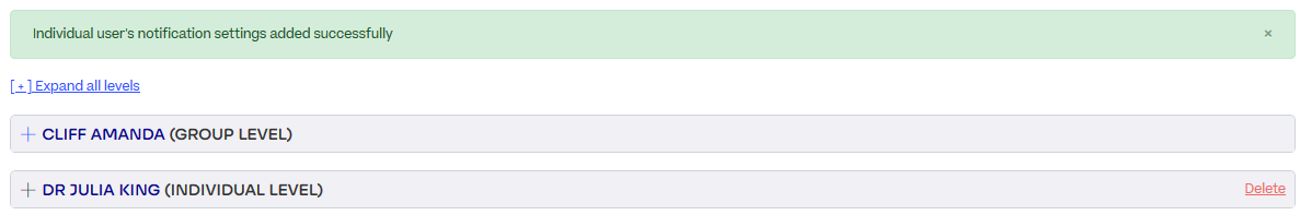 An alert says an individual user's level has been added, and the user now has their own settings