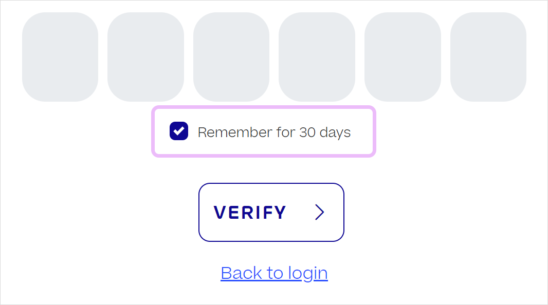 When entering a 2FA code, the checkbox "Remember for 30 days" is ticked and highlighted