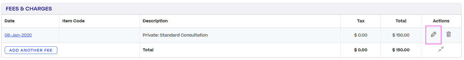 In the Fees & Charges section of an invoice, the Edit icon for an invoice line is highlighted