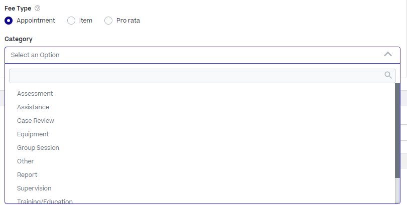 On the Fee edit screen, a drop-down menu labelled Category is selected.